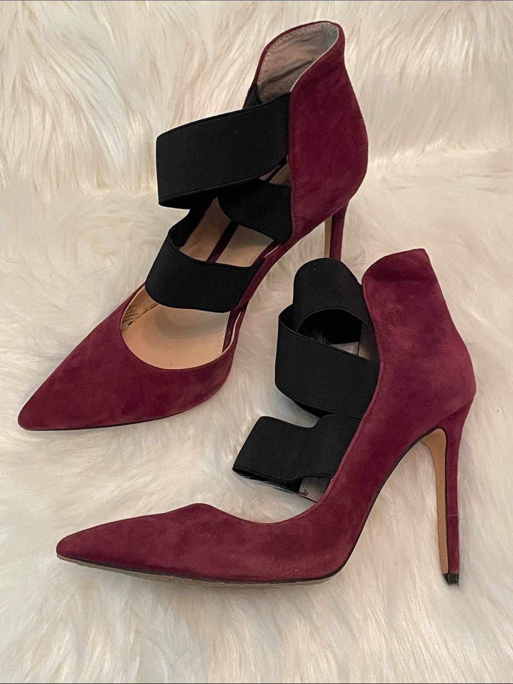 Vince Camuto Burgundy Suede Pointed-Toe Heels with Black Elastic Straps 7.5